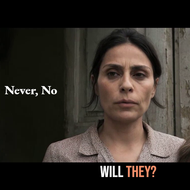 A mother in a doorway with her children — 'Never, No' / 'Will they?'